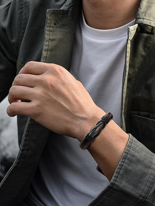 Mens Black Braided Leather Bracelet, Green/Red/Brown/Black Braided Leather Infinity Knot Bracelets for Men with Stainless Steel Clasp, 7.5/8.5/9in Length