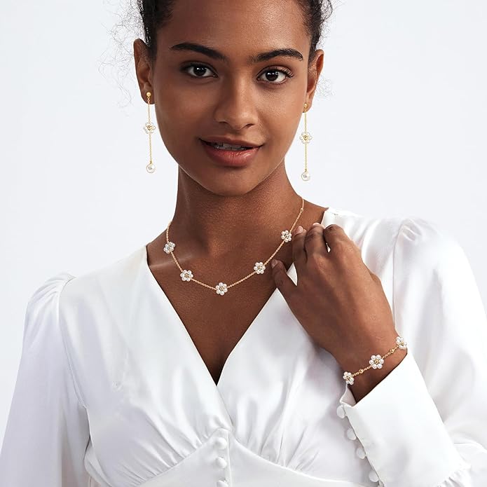 Zeffy Gold Pearl Necklace for Women, Dainty 14K Gold/Silve Plated Layered Pearl Choker Pearl Earrings Pearl Bracelets Wedding Trendy Gold Jewelry Set for Women Gifts