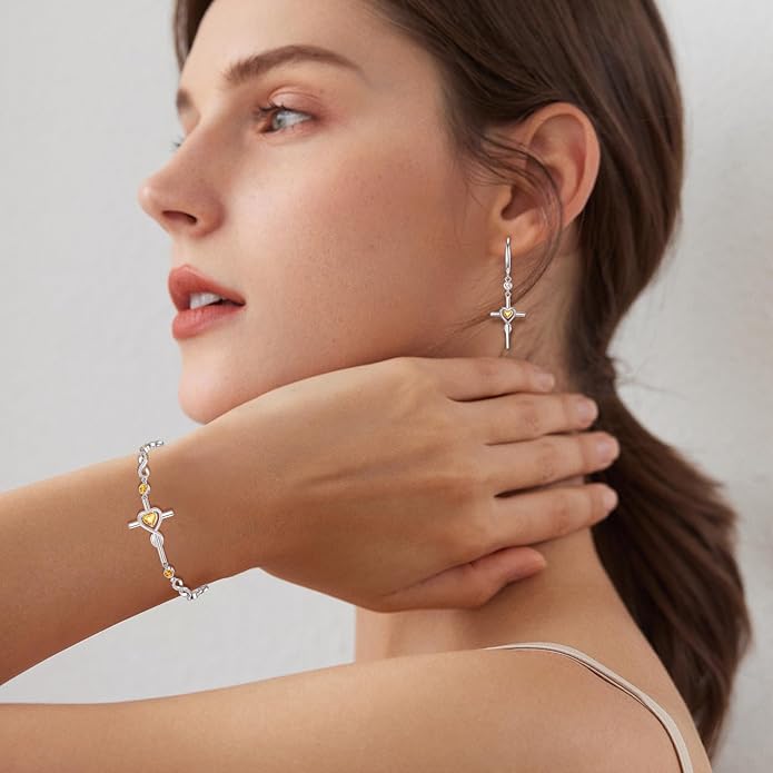 FANCIME Gift for Women Cross Bracelet 925 Sterling Silver Heart Birthstone Bracelet Fine Jewelry Birthday Gifts for Her Women
