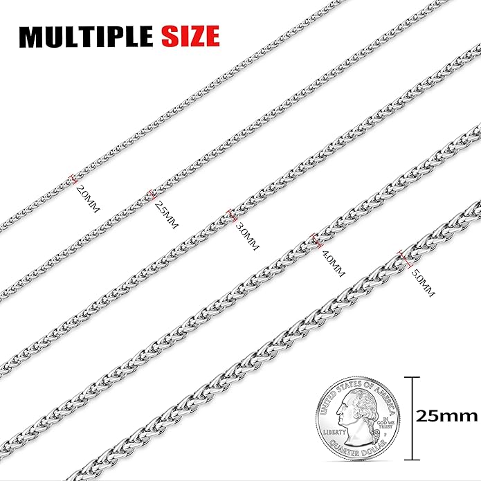 sovesi Wheat Necklace Chain for Men, Silver Plated Stainless Steel Necklace, 2.5/3mm Width Chain for Men and Women, 16-28 Inches Length Gift Jewelry
