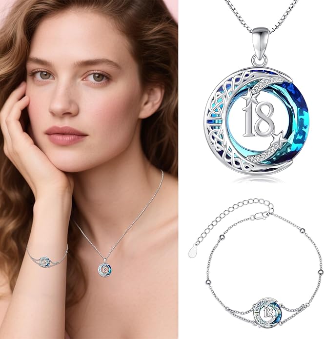 JUSTKIDSTOY Birthday Gifts Bracelet for Women Girls 925 Sterling Silver Celtic Moon Star Bracelets with Blue Crystal Pendant Jewelry for Sister Friends