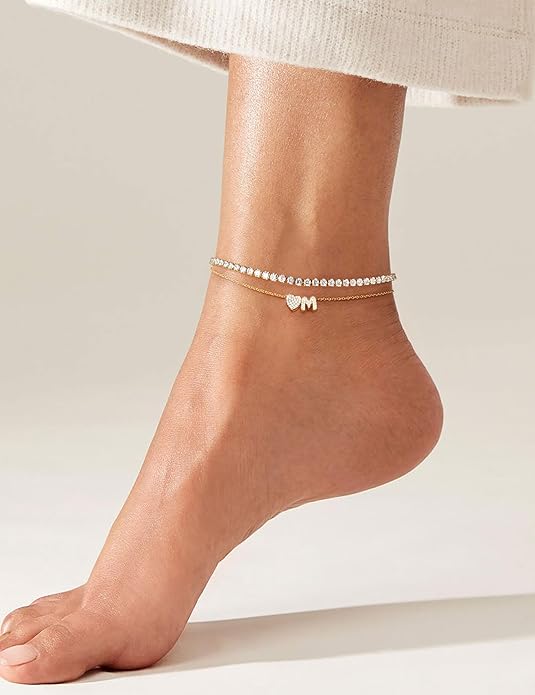 Gold Initial Ankle Bracelets for Women 14K Gold Plated CZ heart Tennis Anklets for Women Waterproof Adjustable Initial Anklets Large Ankle Summer Beach Foot Jewelry