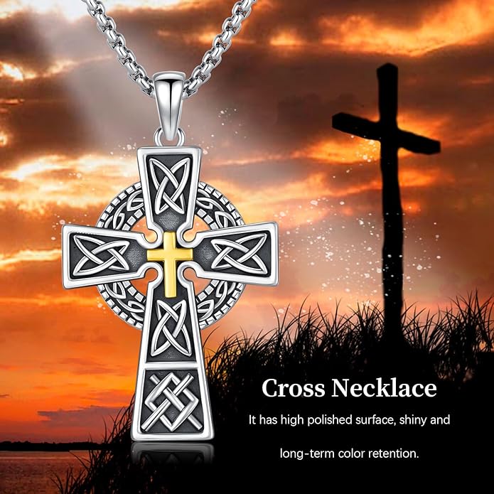 Midir&Etain Celtic Cross Necklace 925 Sterling Silver Cross Pendant Necklace Celtic Viking Irish Jewelry Religious Protective Gift for Men Women