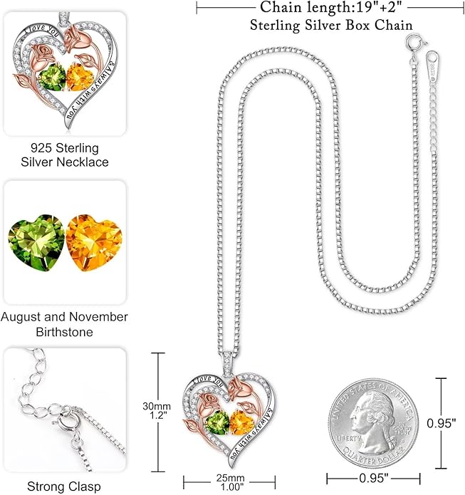 Iefil Birthstone Necklace for Women - 925 Sterling Silver Rose Heart Birthstone Necklace Birthday Anniversary Jewelry Gifts for Her Wife Mom Daughter