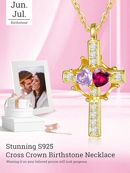 Zeuslia Double Birthstone Necklace Gifts for Wife - 925 Sterling Silver Sunflower/Rose/Crown Cross/Compass/Heart Pendant I Love You Necklace, Anniversary Birthday Gifts for Wife Girlfriend Mom Her