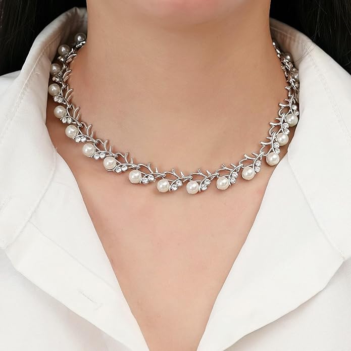 la luen Pearl Bride Wedding Jewelry Set Faux Pearls Crystal Rhinestone Necklace Earrings Bracelet Sets for Women Bridesmaid(3 PCS)