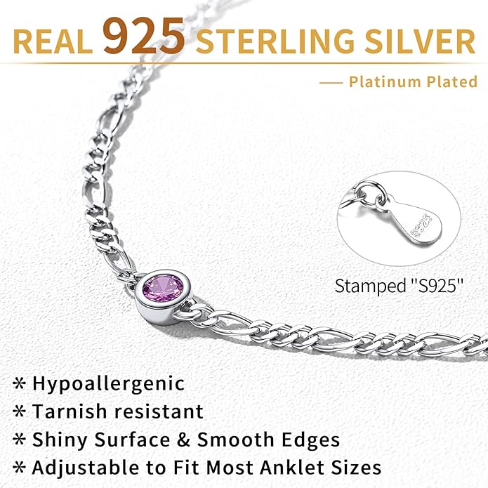 ChicSilver Sterling Silver Anklets Bracelets for Women, Figaro Chain Heart/Round Birthstone Anklet for Women Waterproof, Dainty Herringbone Ankle Bracelet Summer Beach jewelry