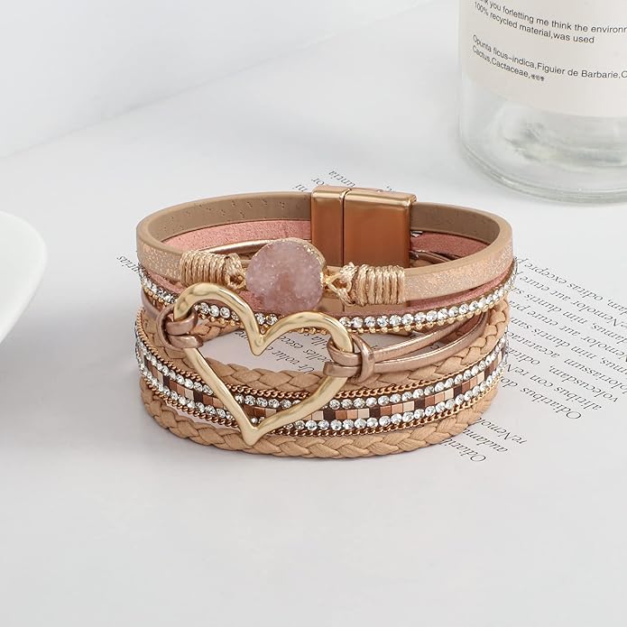 Leather Wrap Bracelet for Women Beaded Cuff Bracelet with Heart-shape Decor Bohemian Crystal Bracelet Jewelry with Clasp Bangle Bracelet for Women Girls Birthday Holiday Gift