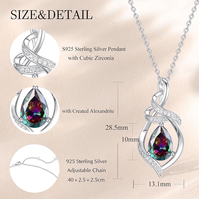 FANCIME Teardrop Gemstone Necklace for Women S925 Sterling Silver Elegant Ribbon Pendent Birthday Gifts for Her, 16"+2" Inches