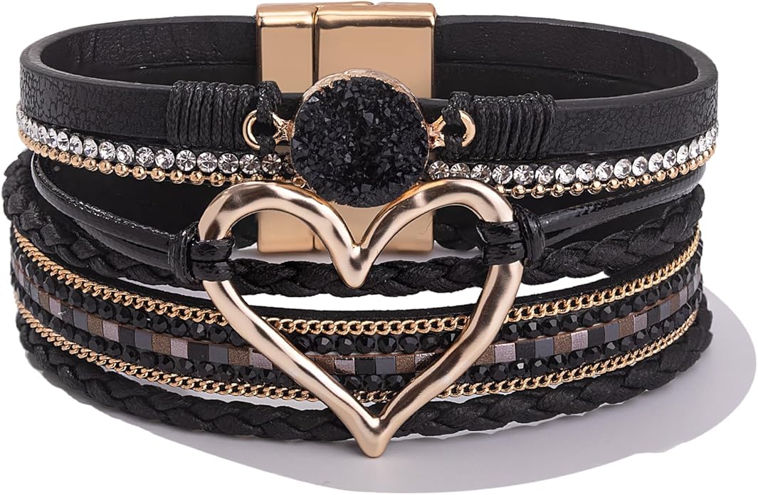 FANCY SHINY Heart Leather Wrap Bracelets Stackable Boho Cuff Bangles Trendy Resin Stone Rhinestone Bracelets with Magnetic Clasp for Women