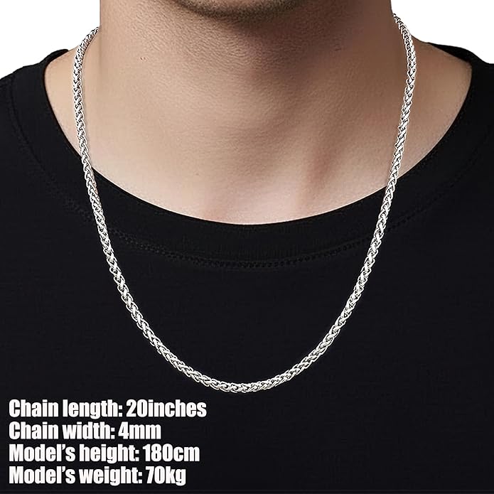 Fiusem Wheat Chains for Men and Women, 2/2.5/3/4/5mm Silver Tone/14K Gold Plated/Black Necklace Chain, Stainless Steel Mens Necklace 16-28 Inch