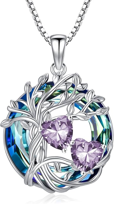 TOUPOP s925 Sterling Silver Family Celtic Tree of Life Pendant Necklaces with 2 Heart Birthstone with Blue Austrian Crystal Jewelry Birthday Anniversary Christmas Gifts for Her Wife Girlfriend Mom (18K Real White Gold Filled)