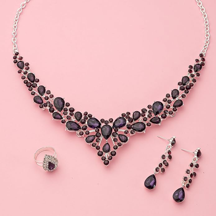 Paxuan Crystal Bridal Wedding Jewelry Sets for Women Rhinestone Teardrop Crystal Statement Choker Necklace Drop Earrings Link Bracelets Rings Teardrop Jewelry Set for Brides Bridesmaids