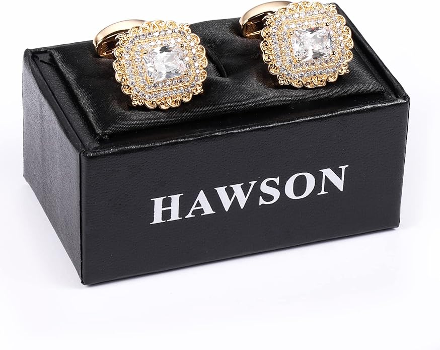 HAWSON Cufflinks for Men, Gold Diamond Crystal Cufflinks for Groom Husband Personalized Gifts, Mens Formal Wedding Business Cufflinks, Luxurious Gorgeous Cuff Links French Shirt Accessories