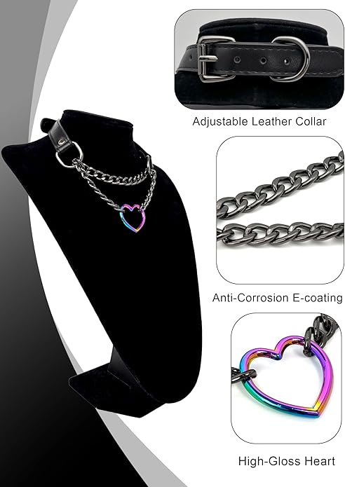 Black Leather Choker Collar For Women, Handmade Heart Slip Chain Choker Long Necklace with Adjustable Buckle