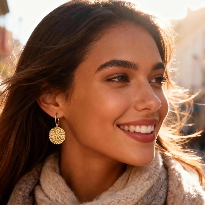 ALEXCRAFT 925 Sterling Silver Dangle Earrings for Women, 14K Gold Plated Geometric Flat Round Disc Hammered Coin Drop Earring Hypoallergenic Lightweight Leverback Earrings for Women Trendy Jewelry