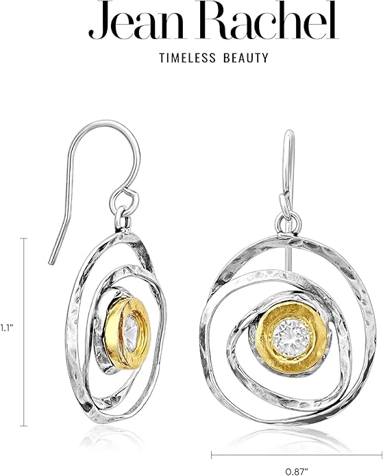 Jean Rachel Jewelry - Artistic Mixed Metal Two Tone Earrings for Women – CZ Dangle Earrings – 925 Sterling Silver & 14K Gold Over Silver – Hypoallergenic Statement Design