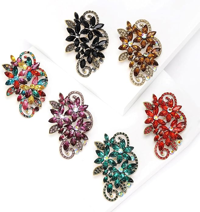 YOQUCOL Vintage Red Austrian Crystal Rhinestone Flower Shape Brooch Pin for Women