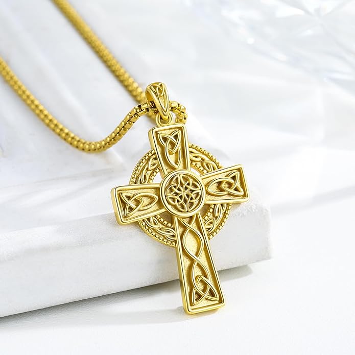 Midir&Etain Celtic Cross Necklace 925 Sterling Silver Cross Pendant Necklace Celtic Viking Irish Jewelry Religious Protective Gift for Men Women