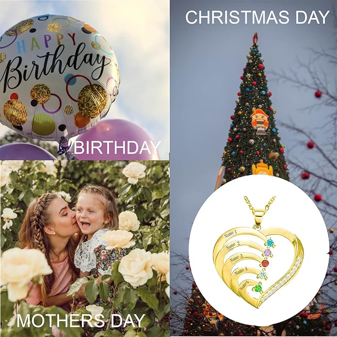 10K 14K 18K Personalized Solid Gold Nautral Diamond Mom Necklace with 1-5 Birthstones for Women Mom Wife,Custom Mother Birthstone Necklace Engraved Name Jewelry Gift for Mothers Day Birthday