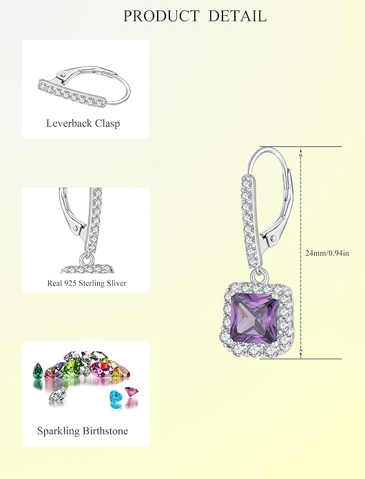 Square Dangle Drop Earrings Sterling Silver Halo Leverback Earrings Birthstone Jewelry for Women