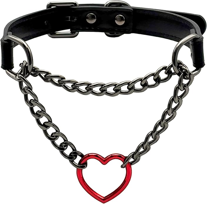 Black Leather Choker Collar For Women, Handmade Heart Slip Chain Choker Long Necklace with Adjustable Buckle