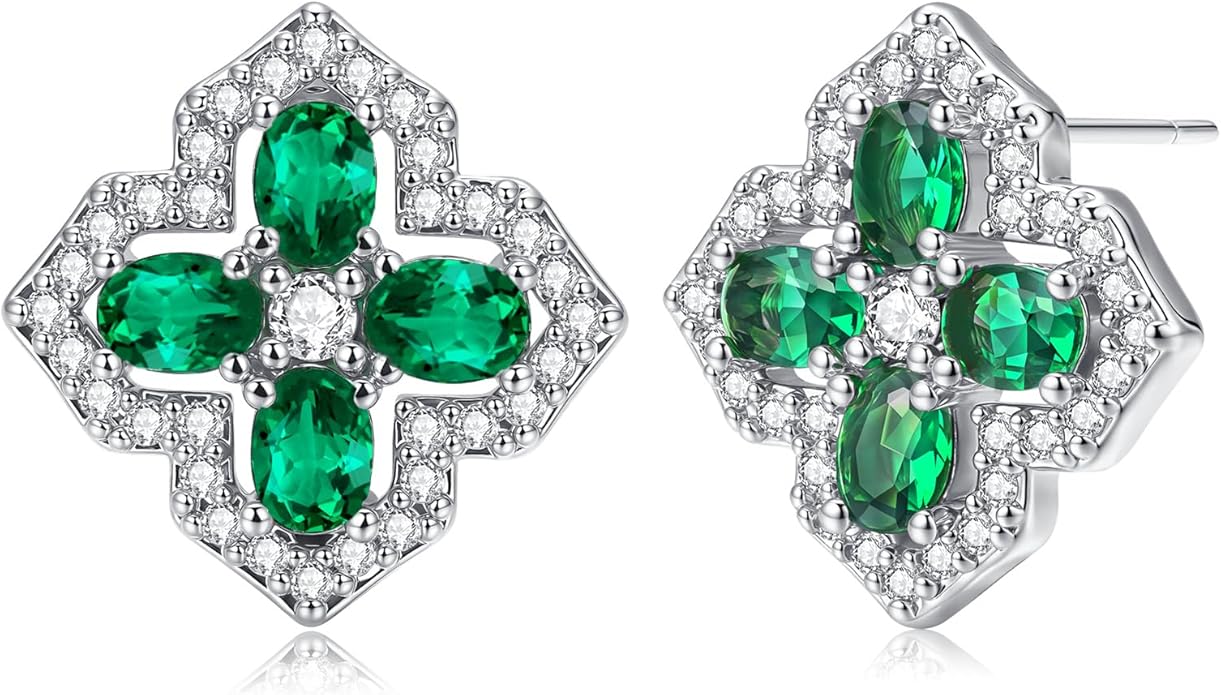 VONSSY Four Leaf Clover Necklace Earrings Shamrock Irish ST Patricks Jewelry Set Gift Green Emerald Zircon Crystal Stud 18k Gold Plated Chain Saint Pendant for Woman Wife Girlfriend