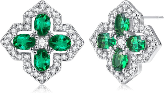 VONSSY Four Leaf Clover Necklace Earrings Shamrock Irish ST Patricks Jewelry Set Gift Green Emerald Zircon Crystal Stud 18k Gold Plated Chain Saint Pendant for Woman Wife Girlfriend