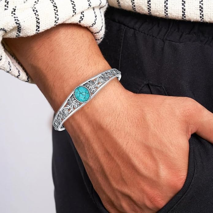 Genuine Turquoise Vintage Sunflower Bracelet Bangle, Sterling Silver Boho Adjustable Bangle Cuff Native American Jewelry for Women, Fit for 6.5 7 7.5 Inches