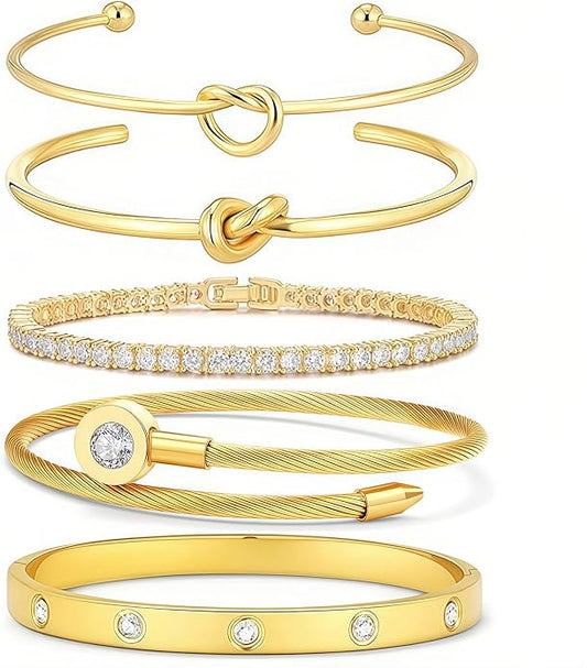 FAFUGA 18 K Gold Plated Love Bangle Bracelet Stack Cuff Jewelry for Women Jewelry Set for Women Gift with Box