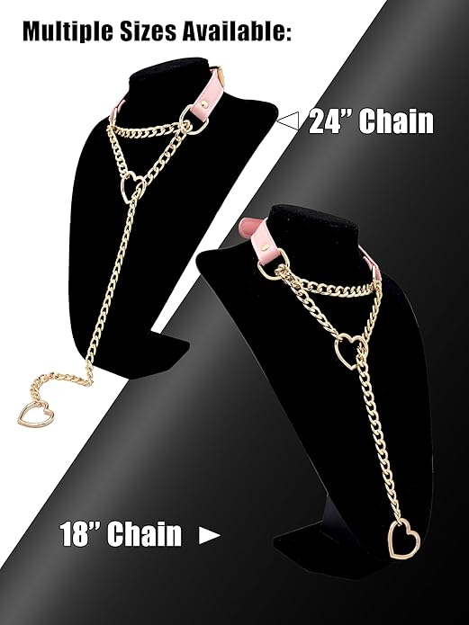 Black Leather Choker Collar For Women, Handmade Heart Slip Chain Choker Long Necklace with Adjustable Buckle