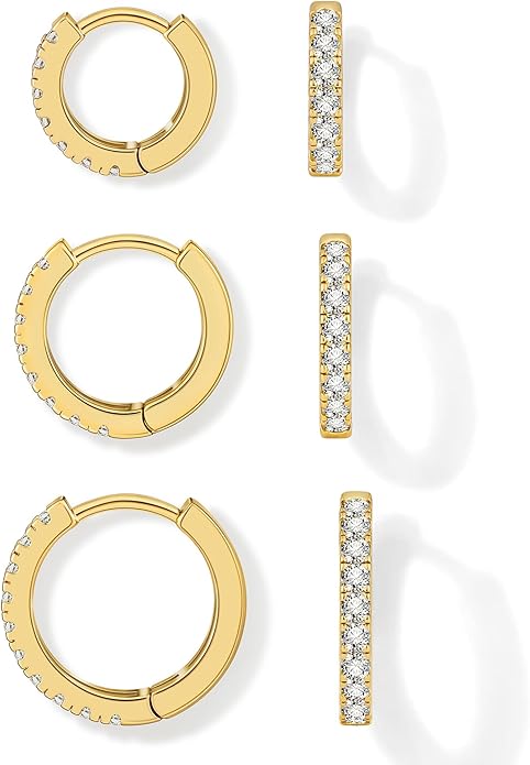 micuco 3 Pairs Small Hoop Earrings Tiny Cartilage Earrings for Women Cubic Zirconia Earrings Huggie Hoop Ear Piercing Earrings for Men 8mm 10mm 12mm