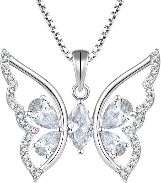 YL Women's Butterfly Necklace 925 Sterling Silver Flower Rose Pendant Birthstone Halo Jewelry