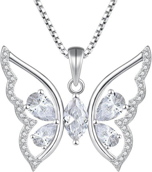 YL Women's Butterfly Necklace 925 Sterling Silver Flower Rose Pendant Birthstone Halo Jewelry
