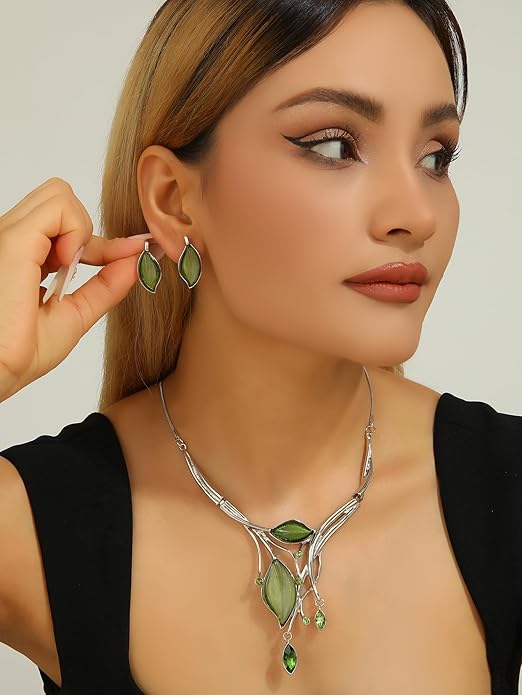 Vintage Chunky Statement Jewelry Set Retro Leaf Floral Geometric Bohemian Boho Bib Necklace Earring Set Fashion Costume Jewelry for Women Girls Wedding Party Prom Unique Gift