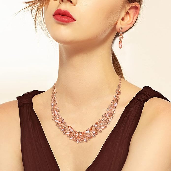 BriLove Women's Wedding Bridal Austrian Crystal Marquise Cluster Collar Necklace Dangle Earrings Set