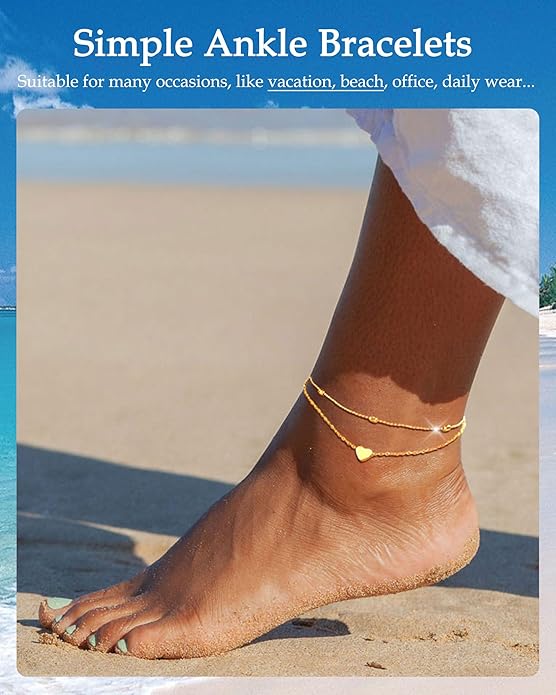FUNEIA Gold Silver Ankle Bracelets for Women Waterproof 14K Gold Plated Anklets for Women Non Tarnish Dainty Layered Beaded Heart Anklet Set Summer Beach Foot Chain Jewelry Gifts Trendy Stuff