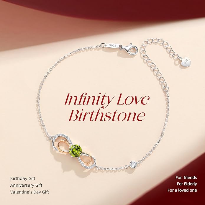 LOUISA SECRET Rose Gold Infinity Heart Bracelet for Women, Adjustable Chain 925 Sterling Silver Link Birthstone Bracelets, Best Anniversary Birthday Jewelry Gifts for Women Mom Wife Her