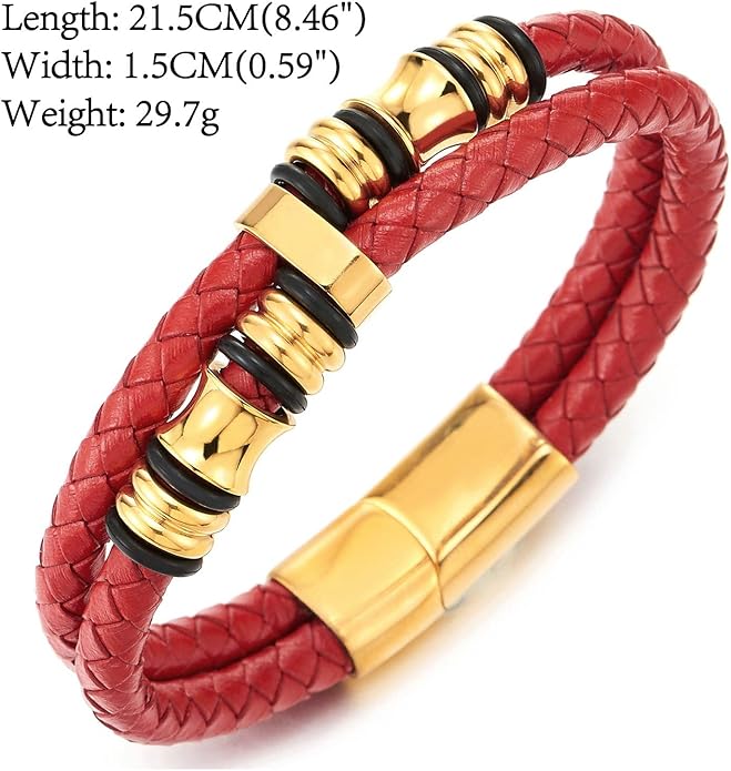 COOLSTEELANDBEYOND Mens Double-Row Braided Leather Bracelet Bangle Wristband with Stainless Steel Ornaments