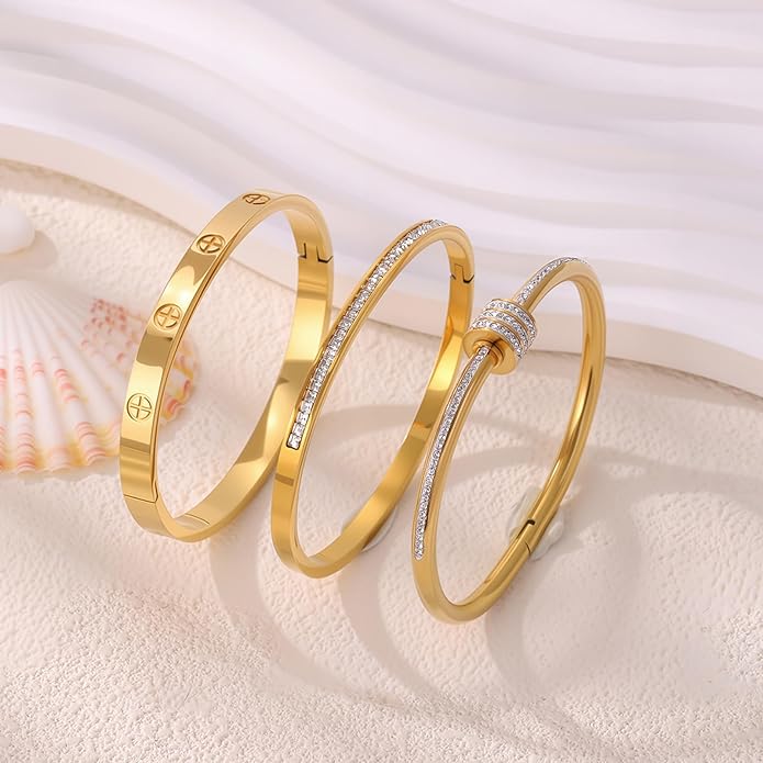 Gold Bracelets for Women - Stackable Bangles with Friendship & Love Theme - Stainless Steel Jewelry Gift for Her