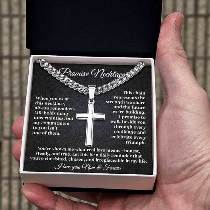 GLAVICY Promise Cross on Cuban Necklace For Him, Sentimental Gift for Husband, Boyfriend, Man with Message Card and Box, Promise Jewelry on Birthday, Valentine Day