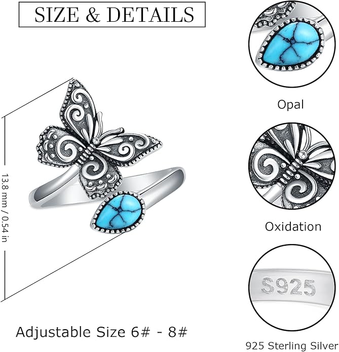 S925-Sterling-Silver Abalone Dragonfly-Turquoise Spoon Ring - Vintage Boho Sunflower Thumb Oxidized Wrap Rings Victorian Style Antique Floral Jewelry Gifts for Women