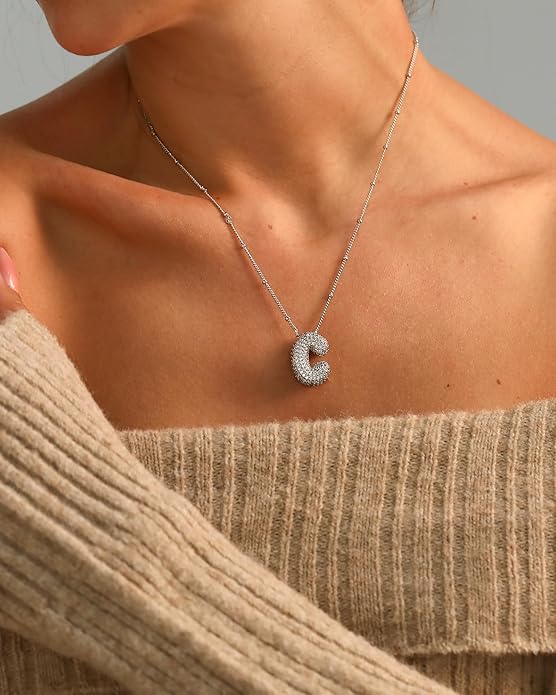Letter Necklace, 14k Gold Plated Bubble Balloon Dainty Necklace for Women, Chunky Initial Charm Pendant Name Necklace Personalized