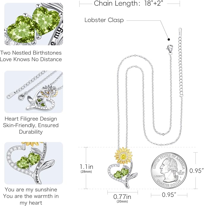 PERJI Valentine's Day Gifts for Women - 925 Sterling Silver Double Birthstone Sunflower Necklace, Anniversary Birthday Jewelry You are My Sunshine Gifts for Wife Couple Girlfriend 18"+2" Non Tarnish