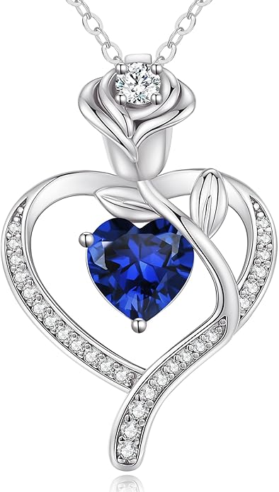 LOUISA SECRET Rose Flower Heart Birthstone Necklaces for Women, 925 Sterling Silver Fine Jewelry, Pendant Heart Necklaces Birthday Anniversary Christmas Gift for Women Wife Mom Girlfriend Lady