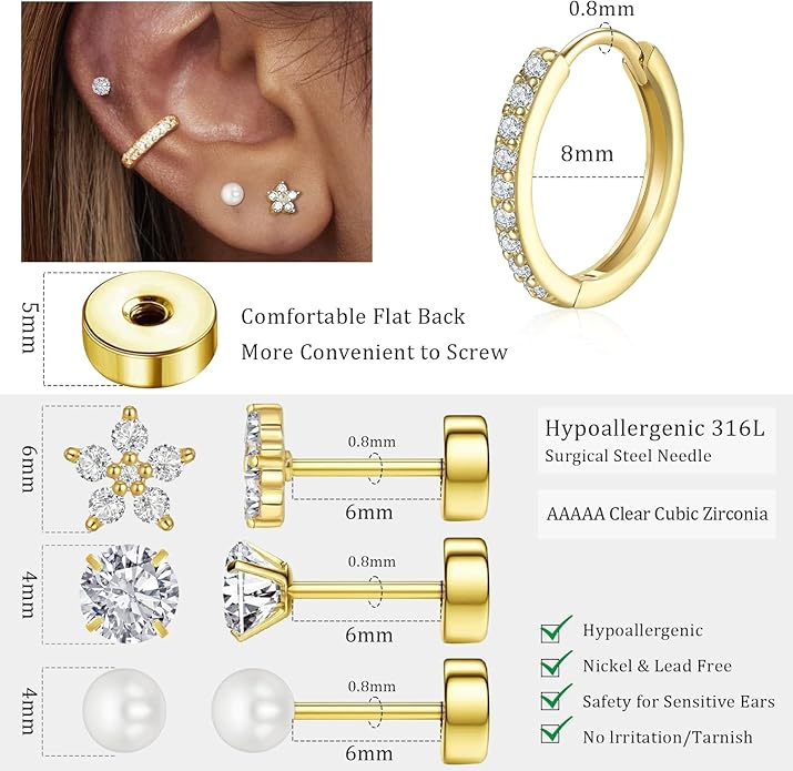 Gold Hoop Earrings for Women - 4 Pairs 14K Gold Plated Dainty Huggie Stacks Set for Multiple Piercing, Hypoallergenic Cartilage Earrings CZ Trendy Fashion Jewelry