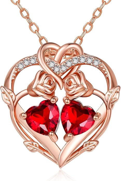 Rose Gold Necklaces for Women Double Birthstone Rose Flower Heart Pendant Necklace Jewelry Anniversary Christmas Valentine's Mother's Day Birthday Gift for Wife Mom Her Girlfriend Sister