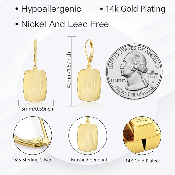 14K Gold Dangle Earrings for Women，Lightweight Circle Disc Coin Geometric Flat Brushed Drop Earrings, Hypoallergenic Leverback Earrings S925 Jewelry