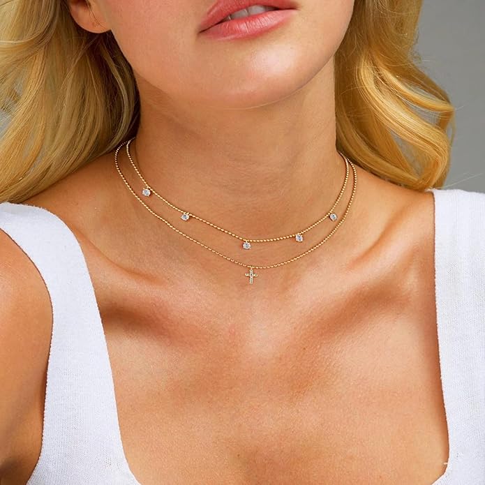 Cross Necklace for Women 14K Gold Silver Plated Dainty Small Cross Pendant Choker Simple Trendy Cute Cross Charm Chain Necklace Easter Basket Stuffers Baptism Religious Faith Jewelry Gift