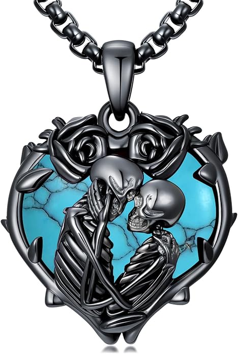 Flpruy 925 Sterling Silver Black Gothic Jewelry Gifts Skeleton Couple Pendant Crystal Birthstone Heart Necklace Punk Romantic Jewelry for Lover Men Women